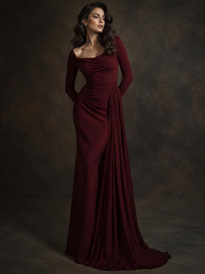 Ayelen in burgundy draped silk with a sweeping train