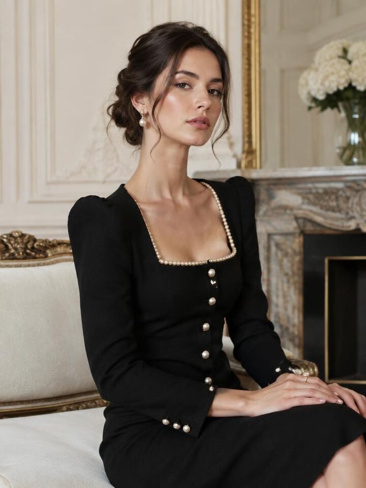 Solenne in black tailored dress with a pearl edged neckline